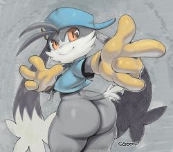 Rule 34 | 1boy, ass, ass focus, baseball cap, from behind, furry, gloves, hat, highres, huge ass, kaze no klonoa, klonoa, kaze no klonoa, looking at viewer, looking back, orange eyes, shiny skin, shirt, smile, solo, sqoon
