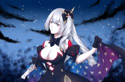Rule 34 | absurdres, black dress, breasts, cleavage, dress, fate/grand order, fate (series), hair ornament, highres, kinshiasoubi, large breasts, long hair, looking at viewer, marie antoinette (alter) (fate), marie antoinette (fate), pale skin, side ponytail, sky, star (sky), starry sky, yellow eyes