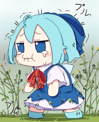 Rule 34 | 1girl, absurdres, blue bow, blue dress, blue eyes, blue footwear, blue hair, blush stickers, bow, cirno, closed mouth, collared shirt, crying, crying with eyes open, dress, fairy, full body, fumo (doll), hair bow, highres, ice, ice wings, kame (kamepan44231), shirt, shoes, short hair, short sleeves, solo, tears, touhou, white shirt, wings