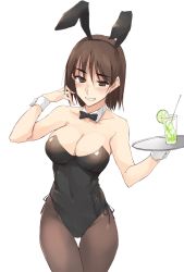 Rule 34 | 1girl, animal ears, black bow, black bowtie, black leotard, black pantyhose, blush, bow, bowtie, breasts, brown eyes, brown hair, cleavage, collar, commentary request, covered navel, cowboy shot, cup, detached collar, drinking glass, drinking straw, earrings, fake animal ears, food, fruit, grin, hand in own hair, highres, holding, holding tray, jewelry, large breasts, leotard, lime (fruit), lime slice, looking at viewer, medium hair, original, pantyhose, playboy bunny, rabbit ears, short hair, side-tie leotard, simple background, smile, solo, standing, strapless, strapless leotard, stud earrings, thigh gap, tray, white background, white collar, wing collar, wrist cuffs, zekkyon