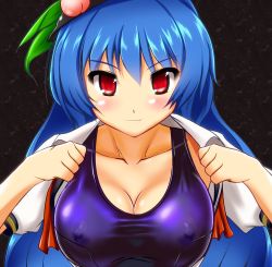 Rule 34 | 1girl, absurdres, blue hair, blush, breasts, cleavage, collarbone, covered erect nipples, female focus, food, fruit, hands up, hat, highres, hinanawi tenshi, honda takaharu, leaf, long hair, one-piece swimsuit, peach, red eyes, school swimsuit, simple background, smile, solo, swimsuit, touhou