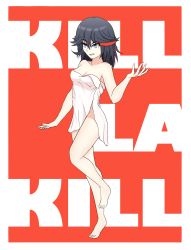 Rule 34 | 1girl, arm at side, armpits, barefoot, black hair, blue eyes, breasts, clenched hand, collarbone, eyelashes, feet, female focus, fingernails, full body, hair between eyes, hand up, highres, kill la kill, legs, looking away, matoi ryuuko, medium breasts, medium hair, multicolored hair, naked towel, neck, parted lips, red streak, sexually suggestive, sidelocks, smirk, smug, spiked hair, standing, standing on one leg, streaked hair, thighs, tiptoes, toenails, toes, towel, trigger (company), two-tone background, two-tone hair, unworn clothes, white towel