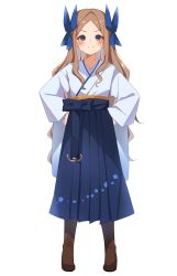 Rule 34 | 1girl, absurdres, asakaze (kancolle), blue bow, blue eyes, blue hakama, boots, bow, brown footwear, cross-laced footwear, forehead, full body, hachino mugi, hair bow, hakama, hakama skirt, highres, japanese clothes, kantai collection, kimono, knee boots, lace-up boots, light brown hair, long hair, meiji schoolgirl uniform, parted bangs, sidelocks, skirt, smile, solo, standing, transparent background, wavy hair, white kimono, wide sleeves