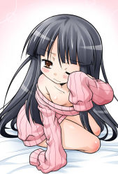 Rule 34 | 1girl, akou roushi, arm support, bare legs, bare shoulders, black hair, blush, bottomless, breasts, brown eyes, downblouse, female focus, houraisan kaguya, long hair, naked sweater, no pants, one eye closed, ribbed sweater, rubbing eyes, sleepy, sleeves past wrists, solo, sweater, tears, touhou, very long hair, wavy mouth, wink