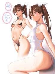 Rule 34 | 1girl, alternate costume, ass, bikini, black bikini, breasts, brown eyes, brown hair, competition swimsuit, english text, fang, hair between eyes, hair ribbon, hand on own hip, highleg, highleg bikini, highres, kantai collection, long hair, looking at viewer, medium breasts, micro bikini, navel, one-piece swimsuit, open mouth, ribbon, ryudraw, simple background, sitting, small breasts, smile, smug, string bikini, swimsuit, thighs, tone (kancolle), twintails, wet, white background, white one-piece swimsuit, white ribbon