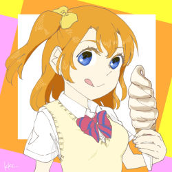 Rule 34 | 1girl, :p, artist name, artist request, blue eyes, blush, bow, bowtie, breasts, close-up, collared shirt, female focus, food, hair between eyes, holding, holding ice cream cone, ice cream, ice cream cone, kosaka honoka, looking at viewer, love live!, love live! school idol project, orange hair, otonokizaka school uniform, parted lips, ponytail, red bow, school uniform, shirt, short sleeves, side ponytail, small breasts, smile, solo, striped, striped bow, sweater vest, tongue, tongue out, upper body, vest, white shirt, yellow bow, yellow vest