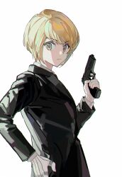 Rule 34 | 1boy, androgynous, black jacket, blonde hair, brown eyes, business suit, chain, closed mouth, collared shirt, formal, gun, highres, holding, holding gun, holding weapon, hunter x hunter, jacket, jewelry, kurapika, looking at viewer, lunar (lunar 815), multiple rings, ring, shirt, simple background, solo, suit, suit jacket, weapon, white background, white shirt