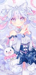 Rule 34 | 1girl, :d, animal, beamed eighth notes, blue eyes, blue hair, blue skirt, blush, center frills, closed mouth, crown, detached sleeves, eighth note, fortissimo, frills, grey shirt, grey sleeves, hair between eyes, hair ornament, hands up, hatsune miku, highres, ie (nyj1815), juliet sleeves, long hair, long sleeves, mini crown, musical note, musical note hair ornament, open mouth, pleated skirt, print skirt, puffy sleeves, rabbit, ribbed shirt, shirt, sidelocks, skirt, smile, snowflake print, snowflakes, steepled fingers, thighhighs, tiara, twintails, unmoving pattern, vocaloid, white thighhighs, yuki miku, yukine (vocaloid)