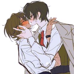 Rule 34 | 1boy, 1girl, black eyes, black hair, blush, brown hair, brown vest, collared shirt, drunk, face-to-face, hands on another&#039;s face, hetero, highres, huyj cl, imminent kiss, limbus company, long sleeves, open mouth, outis (project moon), parted lips, project moon, shirt, short hair, vest, white shirt, yi sang (project moon)
