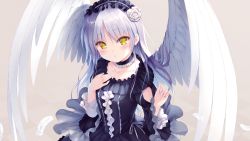 Rule 34 | 1girl, absurdres, angel beats!, angel wings, black choker, black dress, choker, collarbone, dress, feathered wings, feathers, flower, gothic lolita, grey background, hair between eyes, hair flower, hair ornament, headdress, highres, lolita fashion, long hair, long sleeves, looking at viewer, na-ga, official art, parted lips, rose, silver hair, simple background, solo, tenshi (angel beats!), white feathers, white flower, white rose, white wings, wings, yellow eyes
