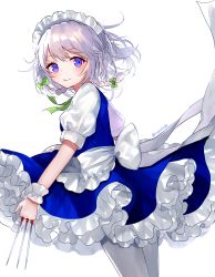 Rule 34 | 1girl, apron, between fingers, blue eyes, blue skirt, blue vest, blush, braid, commentary, cropped legs, floating hair, frilled skirt, frills, from side, green ribbon, hair ribbon, holding, izayoi sakuya, knife, leaning forward, looking at viewer, maid headdress, pantyhose, petticoat, puffy short sleeves, puffy sleeves, ribbon, sakizaki saki-p, shirt, short hair, short sleeves, silver hair, simple background, skirt, smile, solo, standing, touhou, tress ribbon, twin braids, twitter username, vest, waist apron, white background, white pantyhose, white shirt, wrist cuffs