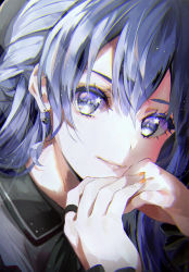 Rule 34 | 1girl, absurdres, black collar, blue eyes, blue hair, close-up, closed mouth, collar, collared shirt, commentary request, earrings, eyelashes, grey shirt, hair between eyes, hands up, hazuki yuzuru, highres, hololive, hoshimachi suisei, jewelry, leaning forward, lips, looking at viewer, nail polish, orange nails, own hands together, portrait, ring, shadow, shirt, solo, star (symbol), star in eye, symbol in eye, virtual youtuber