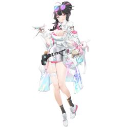 Rule 34 | 1girl, :q, ahoge, ankle socks, bag, bag charm, bahao diqiu, bandaged hand, bandaged leg, bandages, black hair, black socks, blood, bloody bandages, blue eyes, braid, breasts, charm (object), cleavage, dress, eyewear on head, full body, game cg, girls&#039; frontline, girls&#039; frontline neural cloud, heterochromia, highres, holding, holding mask, holding scissors, holding syringe, jacket, large breasts, licking lips, long hair, looking at viewer, mask, mole, mole on breast, multicolored hair, off shoulder, official art, pink hair, purple eyes, scalpel, scissors, see-through, see-through mask, shoes, shoulder bag, side braid, sneakers, socks, solo, streaked hair, stuffed animal, stuffed rabbit, stuffed toy, sunglasses, syringe, teddy bear, thighs, tongue, tongue out, transparent background, vee (neural cloud), venus symbol, white dress, white footwear