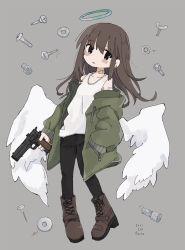 Rule 34 | 156m, 1girl, artist name, bandaid, bandaid on neck, black pants, bolt, boots, brown footwear, brown hair, commentary request, copyright request, dated, earrings, full body, green eyes, green jacket, grey background, gun, halo, highres, holding, holding gun, holding weapon, jacket, jewelry, long hair, long sleeves, looking at viewer, nut (hardware), off shoulder, open clothes, open jacket, pants, simple background, solo, stud earrings, tank top, washer, weapon, white tank top, wings