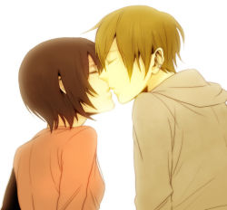 Rule 34 | 1boy, 1girl, brown hair, couple, durarara!!, closed eyes, from behind, hetero, hood, hoodie, kida masaomi, kiss, mikajima saki, non-web source, ruku (rk), short hair