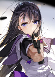 Rule 34 | 1girl, aiming, aiming at viewer, akemi homura, black hair, blurry, blurry background, blurry foreground, bow, closed mouth, commentary request, depth of field, firing, firing at viewer, gun, handgun, highres, holding, holding gun, holding weapon, hoshii hisa, jacket, long hair, long sleeves, mahou shoujo madoka magica, mahou shoujo madoka magica (anime), muzzle flash, outstretched arm, pistol, purple bow, purple eyes, purple sailor collar, sailor collar, simple background, solo, upper body, v-shaped eyebrows, very long hair, weapon, white background, white jacket