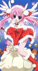 Rule 34 | 1girl, :d, angel, bare shoulders, boots, breasts, rabbit hair ornament, christmas, cleavage, earrings, hair ornament, hat, highres, jewelry, long hair, looking at viewer, misha, misha (pita ten), official art, open mouth, pink hair, pita ten, purple eyes, sakai kyuuta, santa boots, santa costume, santa hat, scan, small breasts, smile, solo, star (symbol), stuffed animal, stuffed toy, teddy bear, twintails, wings