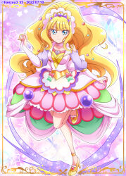 Rule 34 | 1girl, big hair, blonde hair, blue eyes, blunt bangs, border, bridal gauntlets, closed mouth, clothing cutout, commentary request, cure finale, dated, delicious party precure, detached collar, dress, full body, gloves, hanzou, high heels, highres, kasai amane, leg up, long hair, looking at viewer, magical girl, medium dress, partial commentary, pink dress, precure, rounded corners, short sleeves, shoulder cutout, sidelocks, smile, solo, standing, standing on one leg, tiara, twitter username, very long hair, white gloves, yellow border, yellow footwear