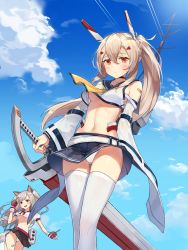 Rule 34 | 2girls, aliceblue, animal ears, ayanami (azur lane), azur lane, bandaid, bandaid on arm, bare shoulders, blue sky, blush, braid, breasts, cannon, commentary request, crop top, crop top overhang, day, fingerless gloves, gloves, gluteal fold, hair between eyes, hair ornament, hand up, headgear, highres, holding, holding sword, holding weapon, light brown hair, long hair, looking at viewer, medium breasts, miniskirt, multiple girls, navel, open mouth, outdoors, panties, pantyshot, pleated skirt, ponytail, red eyes, revision, rigging, school uniform, serafuku, shirt, sidelocks, silver hair, skindentation, skirt, sky, smile, sweat, sword, tail, thick eyebrows, thighhighs, thighs, torpedo launcher, turret, underboob, underwear, weapon, white legwear, white panties, white shirt, wide sleeves, yellow neckwear, yuudachi (azur lane)