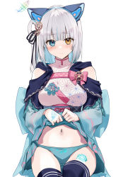 Rule 34 | aqua eyes, aqua panties, bare shoulders, bashamichi, bashamichi hagemi, blush, breasts, clothes lift, clothing cutout, detached sleeves, gear hair ornament, grey hair, hair behind ear, halo, heterochromia, highres, indie virtual youtuber, kasumi komo, large breasts, leg tattoo, lifting own clothes, looking at viewer, navel, navel cutout, panties, purple outline, short hair, shoulder cutout, simple background, tattoo, thighhighs, traditional clothes, underwear, virtual youtuber, yellow eyes