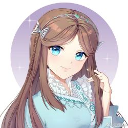 Rule 34 | 1girl, asymmetrical sleeves, blue eyes, blush, brown hair, circle, collar, douluo dalu, dress, frilled collar, frills, hair ornament, hand in own hair, heidao a zi, long hair, looking at viewer, ning rongrong (douluo dalu), smile, sparkle, upper body