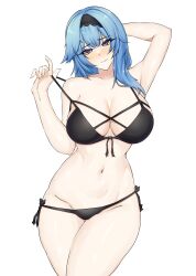 Rule 34 | 1girl, arm behind head, arm up, armpits, bare arms, bare shoulders, bikini, black bikini, black hairband, blue eyes, blue hair, breasts, commentary, cowboy shot, eula (genshin impact), front-tie bikini top, front-tie top, genshin impact, groin, hairband, head tilt, highres, jenova (veloci1313), large breasts, long hair, looking at viewer, navel, side-tie bikini bottom, simple background, solo, standing, stomach, strap pull, swimsuit, thighs, white background