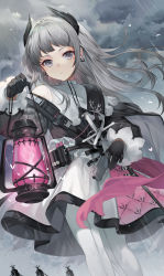 Rule 34 | 1girl, absurdres, arknights, black gloves, black jacket, capelet, cloud, cloudy sky, day, earrings, feet out of frame, fire, front-seamed legwear, gloves, grey eyes, grey hair, gun, head wings, high-waist skirt, highres, holding, holding lantern, ion (on01e), irene (arknights), jacket, jewelry, lantern, long hair, long sleeves, looking at viewer, outdoors, pantyhose, parted lips, pink fire, pink skirt, puffy long sleeves, puffy sleeves, rain, rapier, scar, scar across eye, scar on face, seamed legwear, sheath, sheathed, skirt, sky, solo, standing, sword, weapon, white capelet, white pantyhose, white skirt, wings