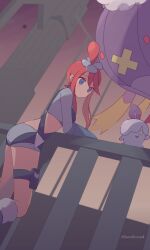 Rule 34 | 1girl, 343rone, absurdres, against fence, blue eyes, boots, closed mouth, commentary request, creatures (company), cropped jacket, drifblim, elbow gloves, eyelashes, fence, from below, game freak, gen 4 pokemon, gen 5 pokemon, gloves, hair ornament, highres, jacket, litwick, nintendo, one side up, pokemon, pokemon (creature), pokemon bw, pouch, red hair, short shorts, shorts, skyla (pokemon), smile, thigh pouch