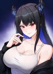 Rule 34 | 1girl, absurdres, black hair, blue hair, breasts, closed mouth, collarbone, colored inner hair, demon horns, drawtasu, hand up, highres, hololive, hololive english, horns, large breasts, looking at viewer, mole, mole under eye, multicolored hair, nerissa ravencroft, off shoulder, red eyes, smile, solo, tank top, two-tone hair, upper body, virtual youtuber, white tank top