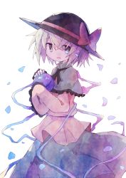 Rule 34 | 1girl, asameshi, black hat, blue eyes, bow, capelet, commentary, cowboy shot, frills, from side, green skirt, hat, hat bow, holding, komeiji koishi, long sleeves, looking at viewer, petals, shirt, short hair, skirt, solo, third eye, touhou, white background, wide sleeves, yellow bow, yellow shirt