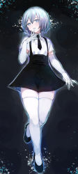 Rule 34 | 1other, :d, androgynous, black footwear, black necktie, black skirt, blue eyes, blush, c.cu, collared shirt, diamond (houseki no kuni), elbow gloves, full body, gloves, gradient hair, grey hair, hand on own face, head tilt, houseki no kuni, leg up, looking at viewer, multicolored hair, necktie, open mouth, other focus, shirt, shoes, short hair, short sleeves, skirt, skirt hold, smile, solo, sparkle, standing, standing on one leg, suspender skirt, suspenders, thighhighs, triangle, white gloves, white shirt, white thighhighs, zettai ryouiki