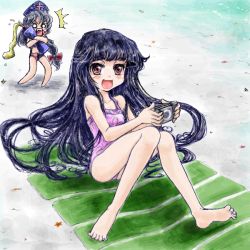 Rule 34 | 2girls, barefoot, beach, bikini, black hair, blood, feet, female focus, handheld game console, hat, houraisan kaguya, long hair, looking at viewer, lotion, multiple girls, nanashii (soregasisan), nosebleed, nurse cap, one-piece swimsuit, open mouth, playing games, playstation portable, red eyes, ribbon, silver hair, sitting, smile, sunscreen, surprised, swimsuit, touhou, towel, very long hair, water, yagokoro eirin