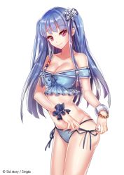 Rule 34 | 1girl, bikini, blue bikini, blue hair, copyright name, gauntlets, hair ornament, looking at viewer, official art, pink eyes, sid story, sila (carpen), smile, snowflakes, swimsuit, twintails