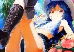 Rule 34 | 1girl, alternate costume, arm rest, armpits, bare arms, bare legs, bare shoulders, belt, black footwear, blue hair, boots, closed mouth, crop top, cropped shirt, cross-laced footwear, cup, cutoffs, day, denim, denim shorts, drinking glass, drinking straw, food, from below, fruit, hair over shoulder, hand rest, hat, highres, hinanawi tenshi, holding, holding cup, holding drinking glass, knees up, lace-up boots, crossed legs, long hair, looking at viewer, lying, midriff, on back, outdoors, peach, red eyes, shirt, short shorts, shorts, sinzan, sleeveless, sleeveless shirt, smile, soles, solo, stomach, straw hat, summer, thighs, touhou, upper body, white shirt