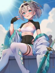 Rule 34 | 1girl, aqua eyes, black gloves, black hairband, black leotard, blonde hair, blue sky, blush, bottle, breasts, chest sarashi, cleavage, cloud, cloudy sky, commentary, covered navel, day, feet out of frame, fingerless gloves, furrowed brow, gloves, hair between eyes, hair intakes, hair ornament, hairband, haori, highres, hololive, hot, japanese clothes, katana, kazama iroha, kazama iroha (1st costume), leaf hair ornament, lens flare, leotard, looking at viewer, off shoulder, open mouth, outdoors, pokobee, ponytail, sarashi, scabbard, sheath, sheathed, short hair, sitting, skindentation, sky, small breasts, solo, sun, sunlight, sweat, sword, thigh strap, thighhighs, tmo-cat, virtual youtuber, water bottle, weapon, white thighhighs, wide sleeves