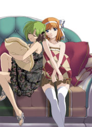 Rule 34 | 00s, 2girls, bow, closed eyes, couch, dress, floral print, fuyou kaede, green hair, hair bow, hair ribbon, high heels, holding, holding pillow, leaning on person, looking at viewer, lowres, multiple girls, on couch, open shoes, orange hair, pillow, print dress, ribbon, sandals, shigure asa, shoes, short hair, shuffle!, simple background, sitting, sleeveless, sleeveless dress, smile, strapless, strapless dress, thighhighs, white background, white legwear, white ribbon