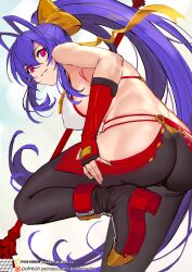 Rule 34 | 1girl, antenna hair, ass, blazblue, blazblue: central fiction, blazblue variable heart, blue hair, boots, bow, brick (atelier brick), duplicate, fingerless gloves, genderswap, genderswap (mtf), gloves, hair between eyes, hair bow, halterneck, hip vent, holding, holding polearm, holding weapon, long hair, looking back, mai natsume, midriff, no bra, pants, pink eyes, polearm, ponytail, red gloves, sidelocks, solo, very long hair, weapon, yellow bow