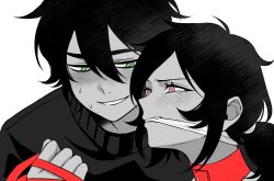 Rule 34 | 1boy, 1girl, andrew graves (the coffin of andy and leyley), ashley graves, black hair, blush, collar, gagged, green eyes, highres, holding, holding leash, leash, pink eyes, red collar, renico, siblings, tears, the coffin of andy and leyley, white background
