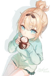 Rule 34 | 1991 (blz), 1girl, alternate costume, aqua eyes, aqua sweater, blonde hair, casual, cup, drinking, green sweater, hair between eyes, hair bun, hair intakes, holding, holding cup, hololive, invisible chair, kazama iroha, long sleeves, looking at viewer, mug, pleated skirt, signature, simple background, sitting, skirt, solo, sweater, thighhighs, virtual youtuber, white background, white thighhighs, zettai ryouiki
