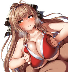 Rule 34 | &gt;:(, 10s, 1boy, 1girl, amagi brilliant park, antenna hair, bad id, bad pixiv id, bare arms, bare shoulders, belko, bikini, blush, breasts, breasts squeezed together, brown hair, cleavage, closed mouth, collarbone, dutch angle, frown, hair intakes, hair ribbon, heavy breathing, hetero, huge breasts, long hair, looking at viewer, o-ring, o-ring bikini, paizuri, paizuri under clothes, pubic hair, red bikini, ribbon, sento isuzu, shiny skin, sweat, swimsuit, upper body, v-shaped eyebrows, yellow eyes