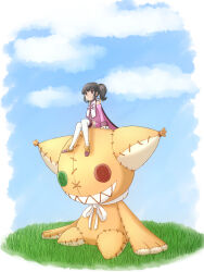 Rule 34 | 1girl, anise tatlin, black hair, blue sky, brown eyes, buttons, cape, croa310, detached sleeves, dot mouth, hair ribbon, highres, long sleeves, on grass, outdoors, oversized object, purple footwear, ribbon, side ponytail, sitting, sky, stuffed animal, stuffed cat, stuffed toy, tales of (series), tales of the abyss, thighhighs, tokunaga (tales), white ribbon, white thighhighs, yellow ribbon