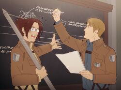 Rule 34 | 1boy, 1other, brown eyes, brown hair, brown jacket, chalk, chalkboard, commentary request, cropped jacket, glasses, hange zoe, hanpetos, holding, holding paper, jacket, moblit berner, one-hour drawing challenge, open mouth, paper, ponytail, shingeki no kyojin, smile, survey corps (emblem), writing