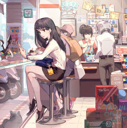 Rule 34 | 1boy, 2girls, 7-eleven, backpack, bag, bar stool, bare legs, black footwear, black hair, black skirt, blue bag, bracelet, brown bag, brown eyes, cellphone, chinese commentary, convenience store, counter, crossed legs, eating, elbow gloves, from side, full body, gloves, highres, holding, holding phone, indoors, jewelry, long hair, md5 mismatch, motor vehicle, multiple girls, office lady, office lady taiwan, original, phone, resolution mismatch, scooter, shirt, shoes, shop, sitting, skirt, smartphone, sneakers, source smaller, standing, stool, taiwan, tennohi, white bag, white shirt