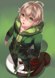Rule 34 | 10s, 1boy, bad id, bad pixiv id, blonde hair, clenched hand, danganronpa: trigger happy havoc, danganronpa (series), from above, green eyes, hand in pocket, highres, hood, hoodie, liulu, looking at viewer, looking up, male focus, monokuma, naegi makoto, open mouth, shadow, short hair, simple background, solo, standing, zi lai juan