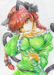 Rule 34 | 1girl, animal ears, bad id, bad pixiv id, blush, bow, braid, breasts, cat ears, cat girl, cat tail, colored pencil (medium), extra ears, female focus, hair bow, head tilt, highres, kaenbyou rin, kitazinger, licking, long hair, red eyes, red hair, shirt, slit pupils, solo, tail, taut clothes, taut shirt, tongue, touhou, traditional media, twin braids