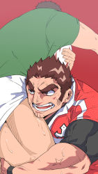 Rule 34 | 2boys, bara, brown hair, facial hair, tamamura gunzo, highres, k ei3k, leg grab, male focus, multiple boys, muscular, muscular male, pectorals, rugby, rugby uniform, scar, scar on arm, shirt, short hair, shorts, sideburns, sportswear, stubble, sweat, tackle, thick eyebrows, thick thighs, thighs, tight clothes, tight shirt, tokyo houkago summoners, white shorts, wrestling outfit