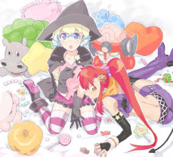 Rule 34 | + +, 2girls, :o, ankle boots, arm support, armlet, bare back, belt, between legs, black cloak, black footwear, black gloves, black hat, blonde hair, blue eyes, blue hair, boots, broken heart, buttons, candy, cloak, closed mouth, collarbone, commentary request, confetti, crop top, cross-shaped pupils, curly hair, demon tail, demon wings, eating, elbow gloves, eyelashes, eyes visible through hair, fingerless gloves, food, frilled pillow, frilled skirt, frills, gloves, hair between eyes, hair ornament, hair scrunchie, hand between legs, hat, heart, heart-shaped pillow, high collar, high heel boots, high heels, holding, holding wand, horizontal-striped legwear, imoyk, jack-o&#039;-lantern, jack-o&#039;-lantern hair ornament, lagann, lollipop, long hair, looking at viewer, looking up, lying, mini wings, miniskirt, multicolored hair, multiple girls, nia teppelin, on side, open cloak, open clothes, open mouth, orange eyes, orange scarf, parted bangs, pillow, pink footwear, pink shirt, pink skirt, purple footwear, purple scrunchie, raised eyebrows, red hair, round teeth, scarf, scrunchie, shirt, short hair, sitting, skirt, sleeveless, star (symbol), star print, striped clothes, striped legwear, striped thighhighs, stuffed animal, stuffed toy, swirl lollipop, symbol-shaped pupils, tail, teeth, tengen toppa gurren lagann, thigh boots, thighhighs, two-tone hair, v-neck, very long hair, wand, wariza, wings, wristband, yoko littner, zettai ryouiki