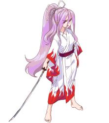 Rule 34 | 1girl, barefoot, belt, bow, fighting stance, hair bow, japanese clothes, kimono, long hair, looking at viewer, meira (touhou), ponytail, purple eyes, purple hair, s-a-murai, solo, standing, sword, touhou, touhou (pc-98), weapon