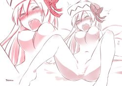 Rule 34 | 1girl, ^^^, blush, bouncing breasts, breasts, censored, closed eyes, hair ribbon, lily white, monochrome, nipples, nude, open mouth, ribbon, signature, solo, spot color, spread legs, sweat, tears, touhou, wings, yutamaro, zoom layer