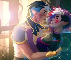 Rule 34 | 1boy, 1girl, black hair, blue eyes, blue hair, burn scar, commission, couple, dragon booster, eye contact, gold trim, hetero, jennifer webster, lens flare, looking at another, multicolored hair, pointy ears, purple eyes, purple hair, scar, scar on arm, smile, streaked hair, upper body